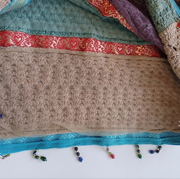 Vintage 90's Boho Patchwork Beaded Accents Sz L Relaxed Artisan Crochet Sweater - Picture 12 of 12